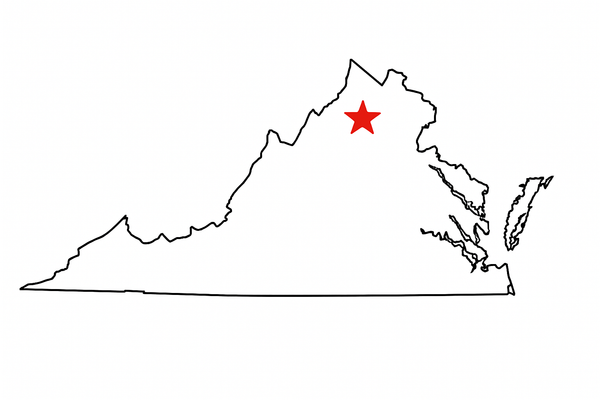 outline of state of Virginia with a star over the Aldie Virginia location